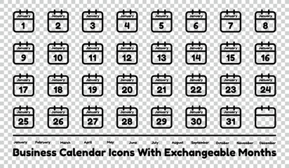 Calendar Business Icons Set - Flat Black Vector Illustrations Isolated On Transparent Background