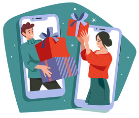 Online congratulations. New Year gifts. Man and woman with gifts in mobile phones. PNG image.