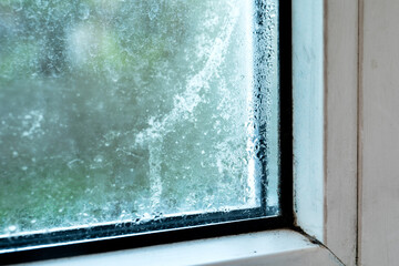 House Window With Damp And Condensation. Mold and allergy concept