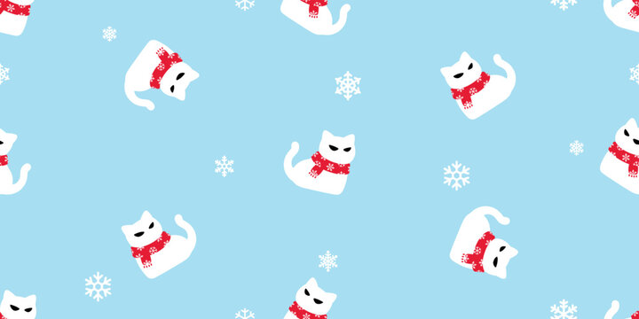 cat seamless pattern christmas scarf santa claus snowflake kitten vector calico tile background scarf isolated gift wrapping paper repeat wallpaper cartoon illustration design