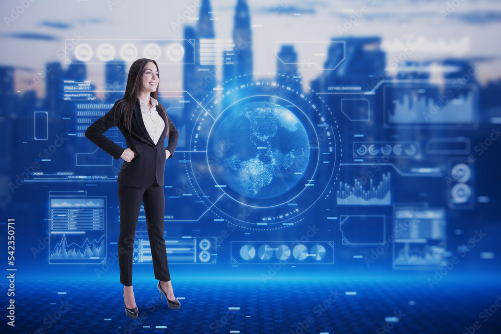 Aufkleber young european businesswoman using abstract glowing digital business interface with globe and variou
