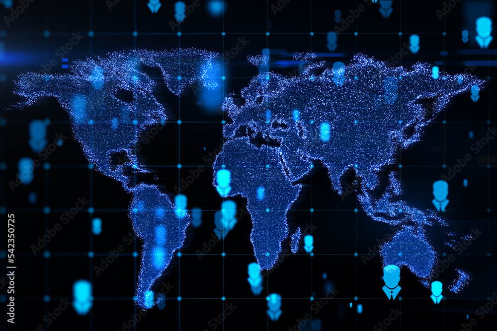 Poster Abstract glowing map hologram on dark backdrop. Digital world, transformation and future cyber space concept. 3D Rendering.