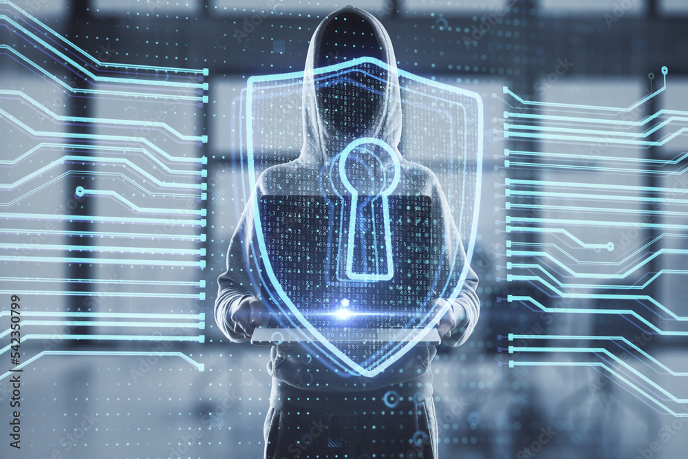 Poster Hacker holding laptop computer with abstract glowing secure web safety and protection hologram on blurry office interior background. Hacking and data theft concept. Double exposure.