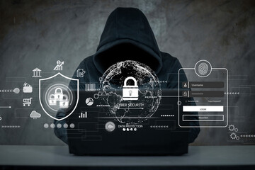 Hacker, hacker hacks network, hacker on a dark background. Dangerous Hooded Hacker Breaks into Government Data Servers