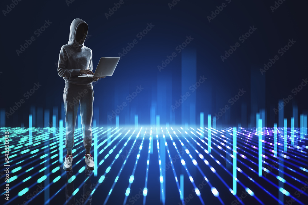 Poster hacker with laptop standing on creative blue metaverse background. digital future, data hacking and 