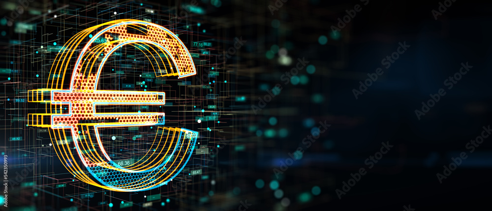 Aufkleber financial concept with bright digital euro symbol concept with honeycombs inside on abstract dark ba