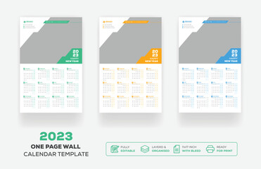 One Page Wall Calendar 2023 Or Monthly Plan Modern Corporate One Page Creative Wall Calendar 2023 Set Template Design 