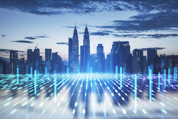 Glowing city skyline with abstract metaverse background. Digital future and cyberpunk concept....