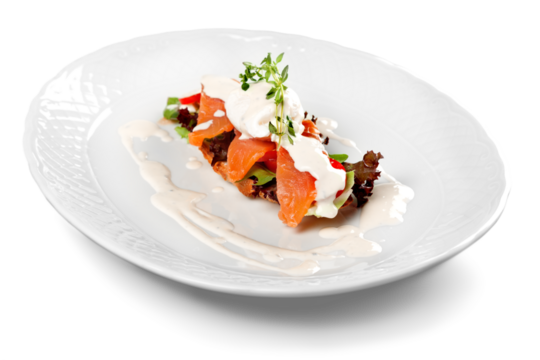 Delicious restaurant food in white plate isolated on white