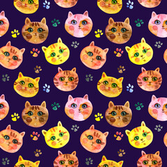 Fototapeta premium Seamless pattern of Cartoon faces of cats on a dark purple background. Cute Cat muzzle. Watercolour hand drawn illustration. For fabric, sketchbook, wallpaper, wrapping paper.