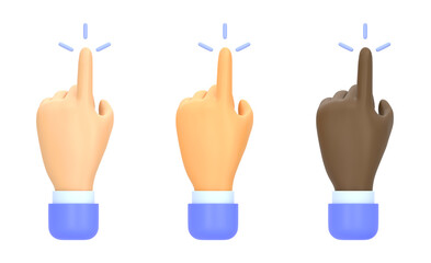 Hand click icon, character arm taps screen to touch fingerprint scan, computer cursor with fingers press button, pointing gesture. Cartoon 3d render set isolated on white background