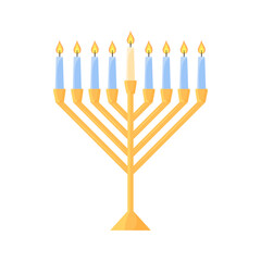 Fototapeta na wymiar Hanukkah menorah isolated. Traditional Jewish chanukiah candle holder with nine candles on white background. Flat vector illustration