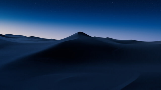 Dawn Landscape, with Desert Sand Dunes. Empty Contemporary Background with Blue Gradient Starry Sky