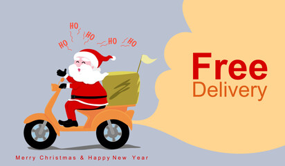 Santa Claus ride a bike delivery goods on Christmas holiday and new year, with promotion texts Free delivery in orange copy space cloud form 