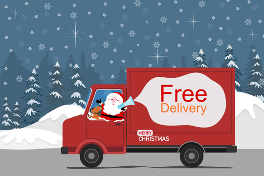 Santa Claus on red truck delivery goods, reindeer a driver on Christmas and new year holiday, with texts Free delivery on white cloud shape, forest pine trees with snow snowflakes on background