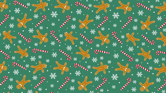 4K Animated Merry Christmas and New Year Pattern Background Design.  Gingerbread Cookies, Candy Canes and Snow Flakes Texture on Green Vertical Background. Motion Celebration Card or Banner Design.