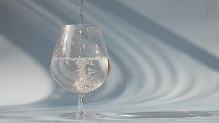 The process of pouring water into a glass. A glass of water on white background. Top view, copy space. Flat lay. Healthy lifestyle. Food and drink. 