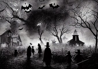 Dark illustration of happy halloween night at the farm field-1