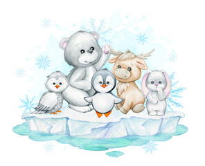 Bear, penguin, deer, bunny, owl, cute polar animals, snowflake, ice floe, Watercolor clipart, cartoon style, on an isolated background.