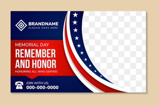 Memorial Day, Remember and Honor Poster. Usa memorial day celebration. American national holiday. Invitation template with white text and waving us flag on white background. space for photo collage.