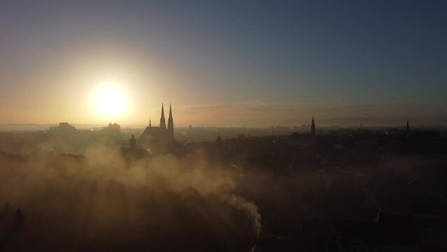 goerlitz city view from a drone, foggy autumn morning, view of the old town, towers, churches. Saxony, Germany