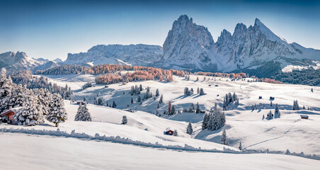 Christmas postcard. Beautiful winter view of Alpe di Siusi ski resort with Plattkofel peak on...