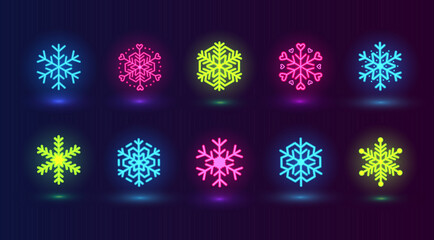Vector set with neon colorful snowflakes. Winter pink, blue, green icons on dark blue background.