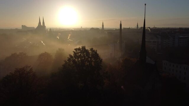 goerlitz city view from a drone, foggy autumn morning, view of the old town, towers, churches. Saxony, Germany