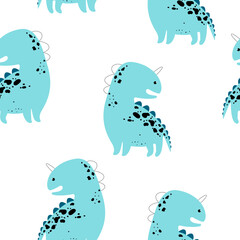 Vector hand-drawn colored seamless repeating children pattern with cute dinosaurs in Scandinavian style on a white background. Baby pattern with dinosaurs. Wallpaper.