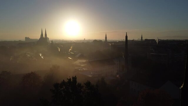 goerlitz city view from a drone, foggy autumn morning, view of the old town, towers, churches. Saxony, Germany