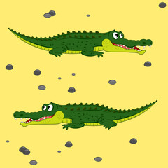 Two cute crocodiles lie on the beach