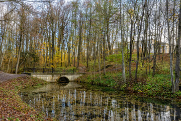 Autumn landscapes in the Sergeevka park on the territory of the former estate of the Leuchtenbergskys.