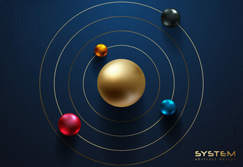 Shiny metallic spheres orbit around golden center ball on dark blue background. Science or education futuristic abstract design. Solar system circle tech style vector illustration