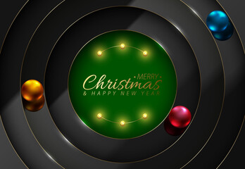 Vector layered Christmas abstract luxury greeting card. 3D circle papercut layer glossy black background golden line. Metallic ball orbit around gold merry Christmas and happy new year green center © iaroslavka