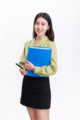 Business woman with a green suit and a black skirt and a folder on a white background
