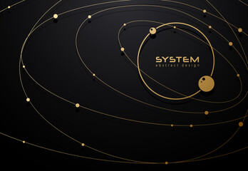 Luxury futuristic orbit golden line and dots business tech black background design. Globe data network elements abstract dark premium background. Circle vip logo frame with sphere satellite