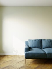 Blue sofa in the interior, with free space on the wall. 3d rendering