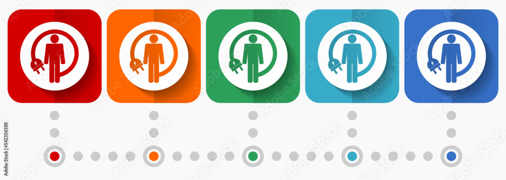 Aufkleber Android charging wire, humanoid robot vector icons, infographic template, set of flat design symbols in 5 color options