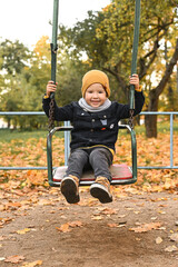 Pretty boy swinging. Little boy play in autumn park. Happy child enjoy swinging