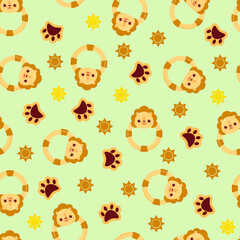 Seamless pattern with animals on a green background. A pattern with a baby rattle in the form of a lion. Kawaii animals