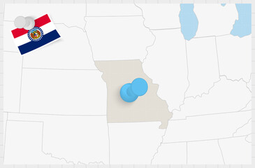 Map of Missouri with a pinned blue pin. Pinned flag of Missouri.