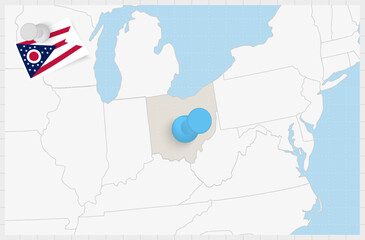 Map of Ohio with a pinned blue pin. Pinned flag of Ohio.