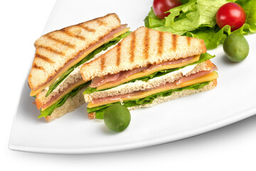 Fresh tasty sandwiches on white background