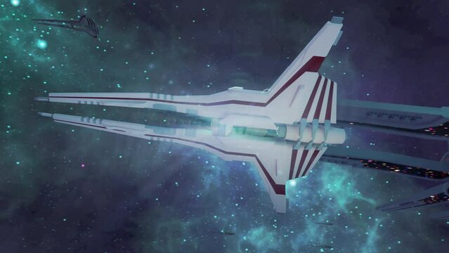 Animation of a fantasy space ship above futuristic space station with bright colors