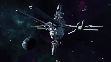 Animation of a fantasy space station with space ships and earth