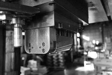 Sheet Metal Stamping Tool Die for Automotive Precision Parts on The Numerical Control Milling Machine Table. Tandem Stamping System. At a High Quality Technology Factory. Black and White Photography.