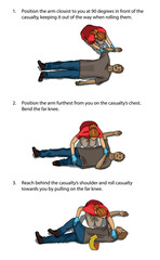 Vector illustration shows Recovery position (first aid).