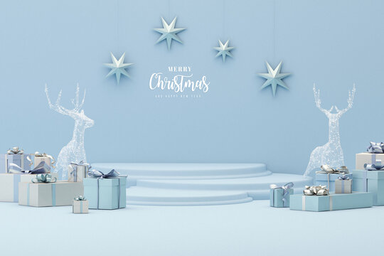 Reindeer with podium, gift box on pastel blue background. Stage for holiday winter concept and poster, banner, studio. Merry Christmas and Happy New Year 2023. 3D render
