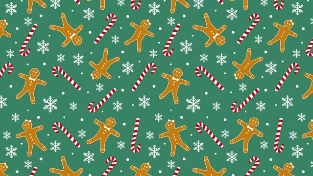 4K Animated Merry Christmas and New Year Pattern Background Design.  Gingerbread Cookies, Candy Canes and Snow Flakes Texture on Green  Background. Motion Celebration Card or Banner Design Backdrop. 