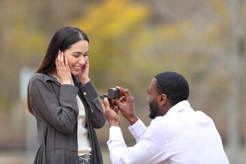 Marriage proposal of interracial couple in a park